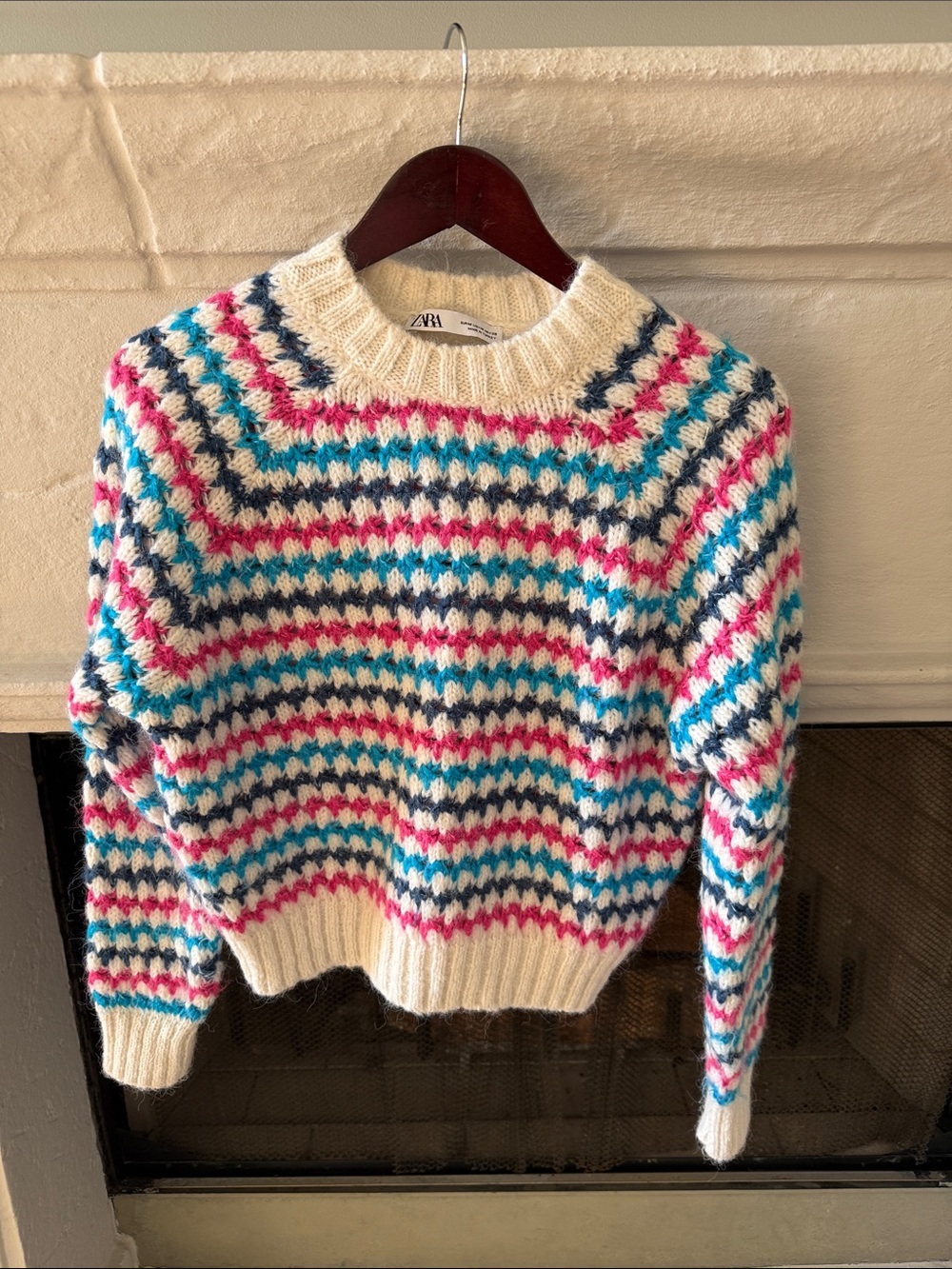 Zara Cream Sweater with Pink, Teal & Navy Stripes